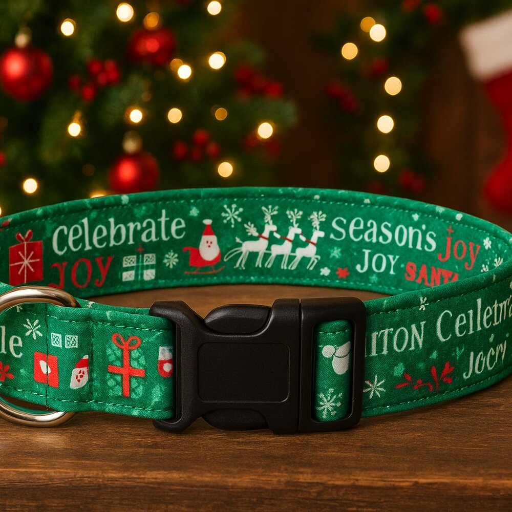 Christmas Dog Collar, Green Holiday Pet Collar, Santa and Reindeer Cotton Collar